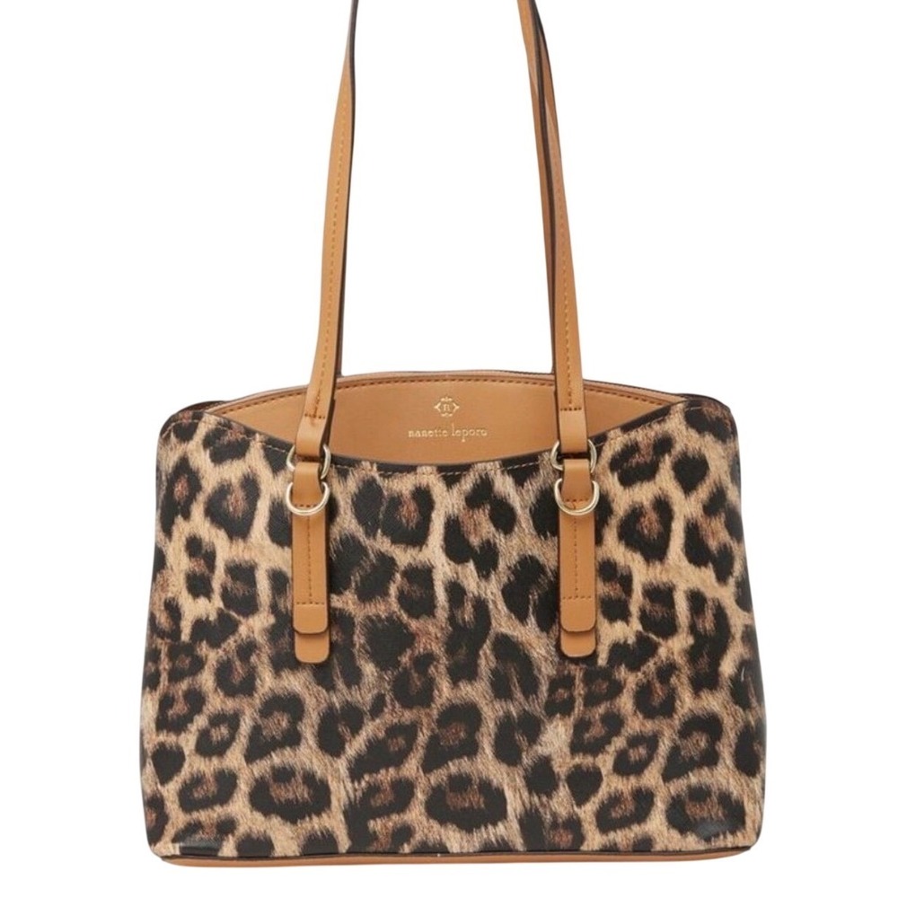 Nanette Lepore Liam Triple Section Shoulder Bag Cheetah Print Faux Leather‎